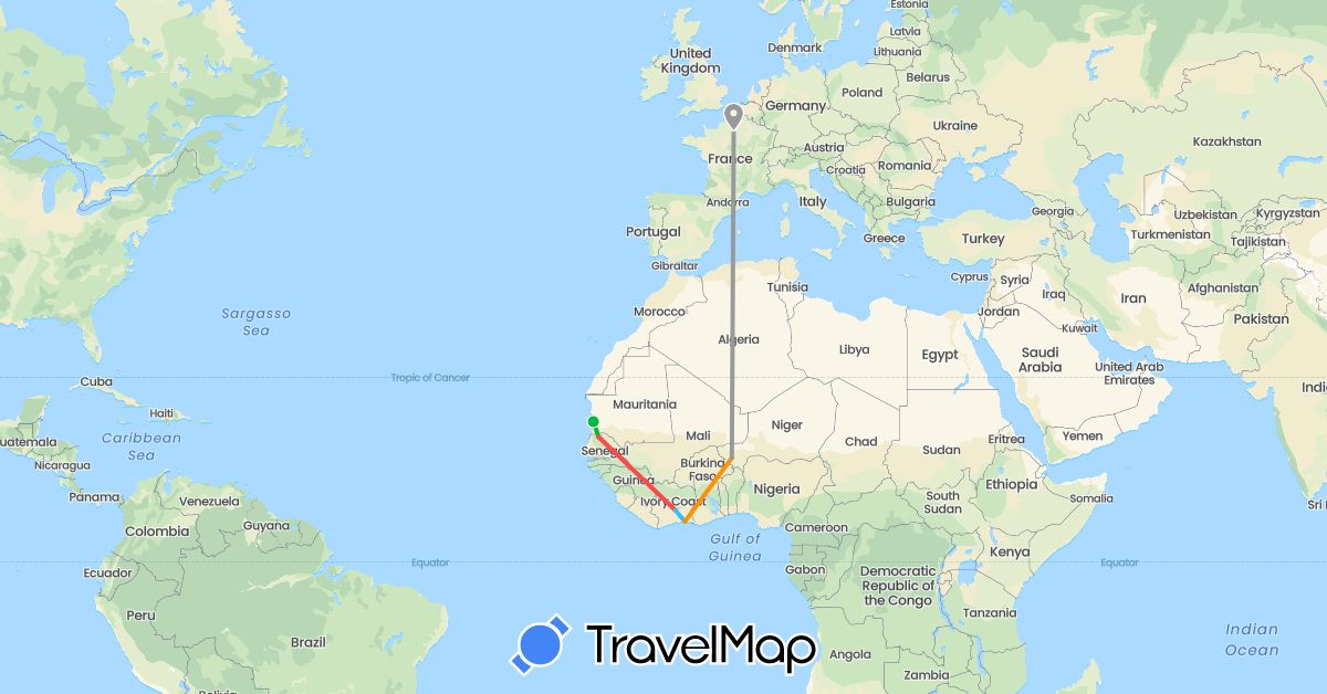 TravelMap itinerary: driving, bus, plane, hiking, boat, hitchhiking in Côte d'Ivoire, France, Mauritania, Niger, Senegal (Africa, Europe)