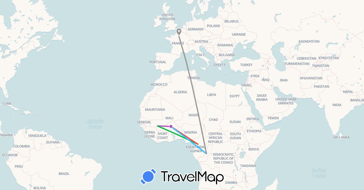 TravelMap itinerary: driving, bus, plane, train, hiking, boat in Burkina Faso, Republic of the Congo, Cameroon, France, Mali (Africa, Europe)