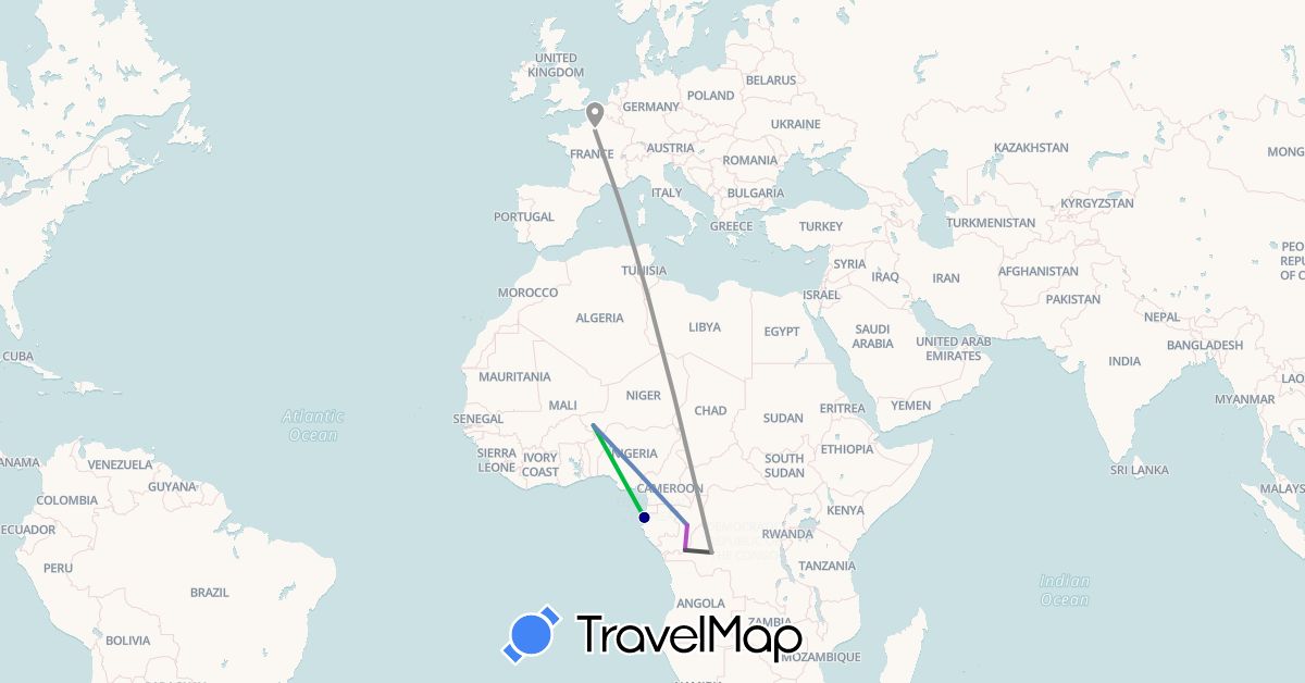 TravelMap itinerary: driving, bus, plane, cycling, train, hiking, motorbike in Democratic Republic of the Congo, Republic of the Congo, France, Gabon, Niger (Africa, Europe)