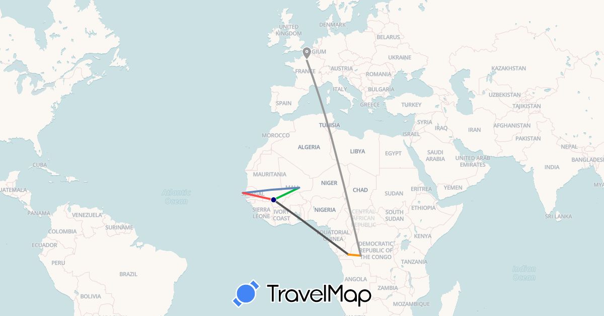 TravelMap itinerary: driving, bus, plane, cycling, hiking, hitchhiking, motorbike in Democratic Republic of the Congo, France, Mali, Senegal (Africa, Europe)
