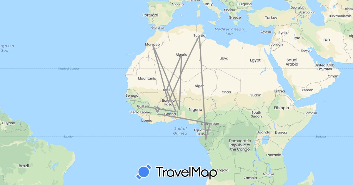 TravelMap itinerary: plane in Burkina Faso, Benin, Côte d'Ivoire, Cameroon, Algeria, Gabon, Guinea, Morocco, Mali, Togo, Tunisia (Africa)